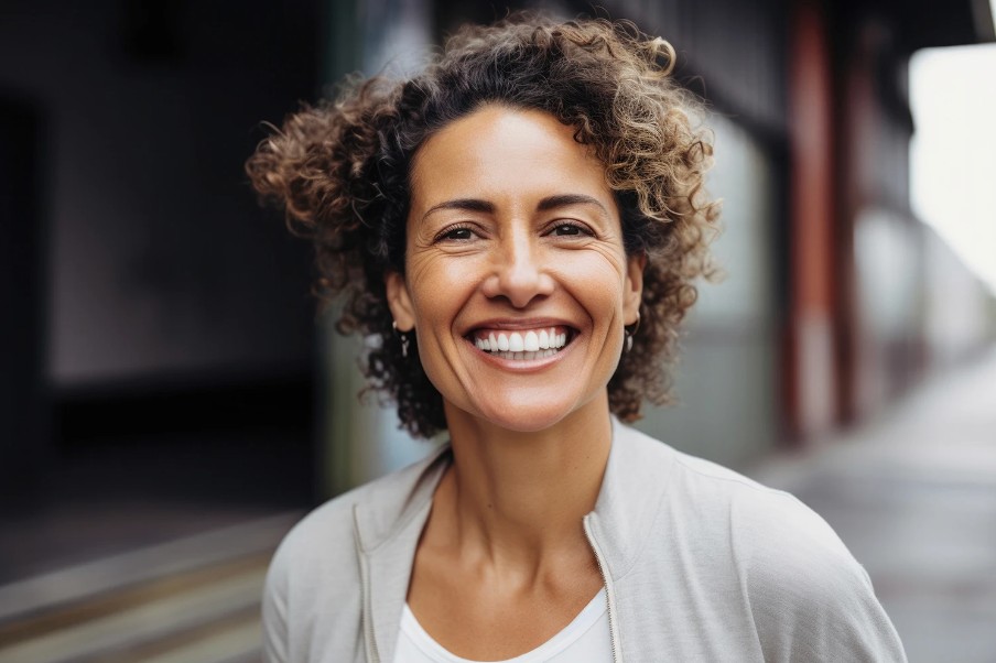 Mulher sorrindo, com cabelos cacheados